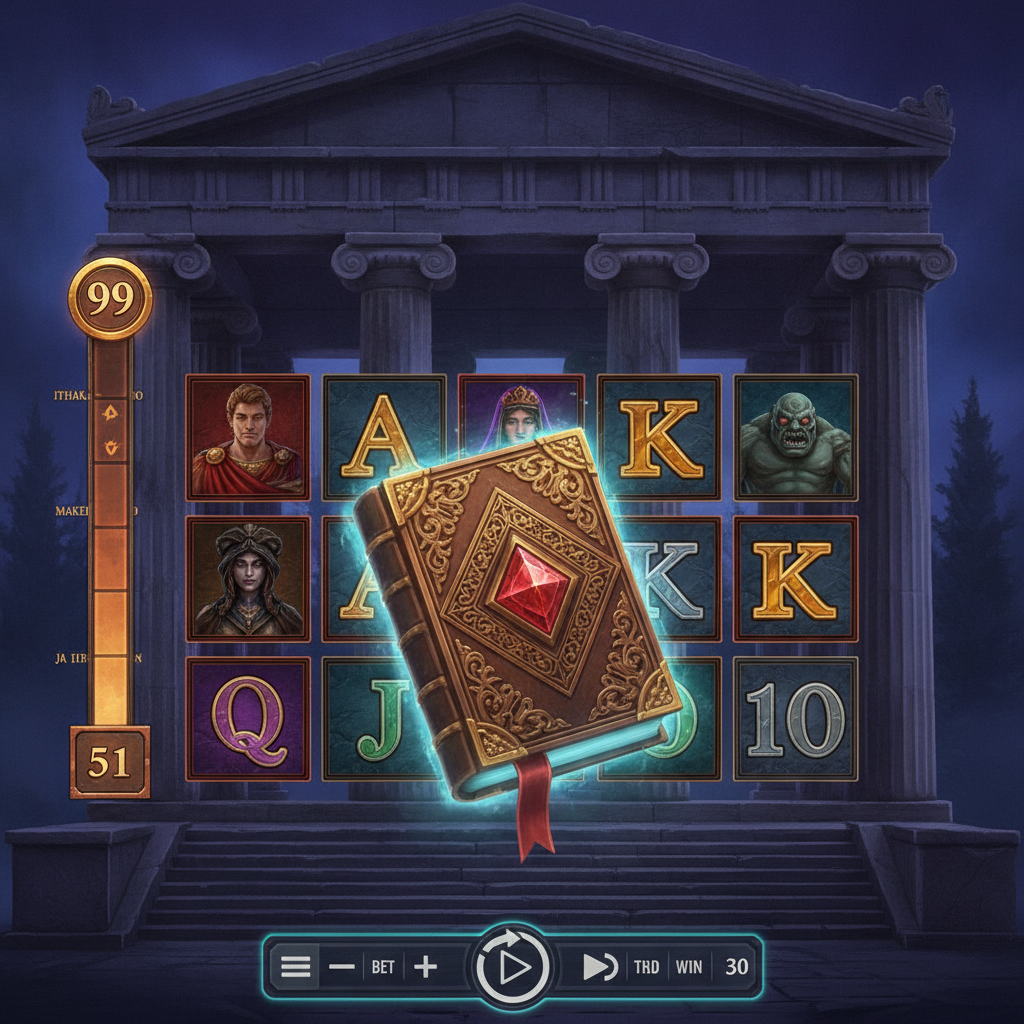 Book of 99 slot con tempio greco antico, libro d'oro ornato, simboli mitologici e contatore raccolta fino a 99