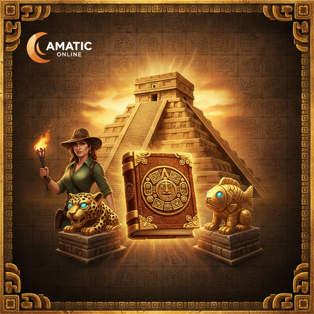 Book of Aztec slot con tempio azteco dorato, libro antico magico, esploratrice avventuriera e idoli giaguaro e pesce d'oro su sfondo di pietra incisa