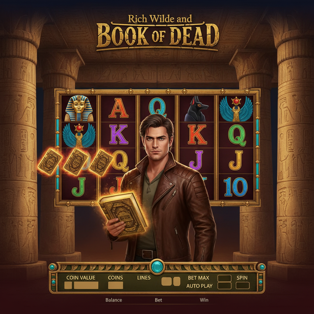 Rich Wilde and the Book of Dead slot: avventuriero archeologo in tempio egiziano con simboli Anubi, Horus, Faraone e libro sacro sullo sfondo di colonne dorate