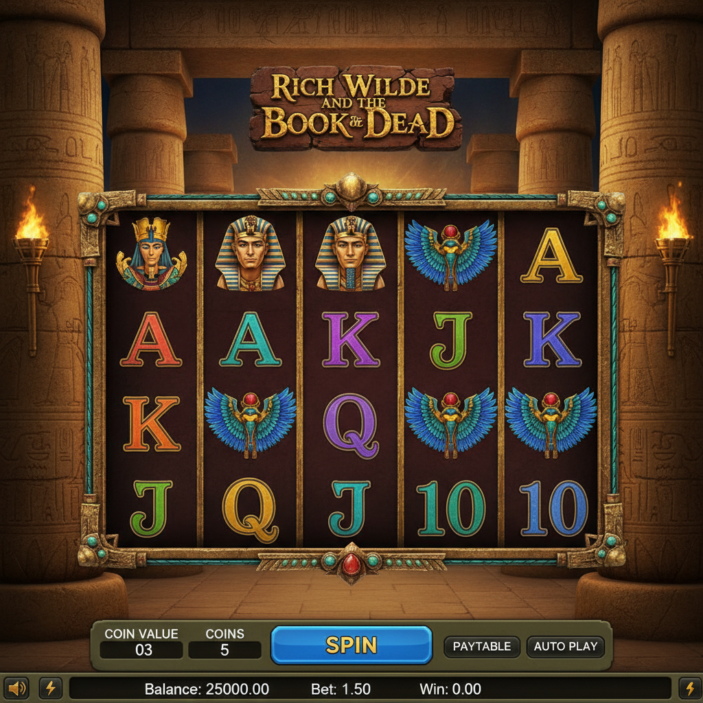 Rich Wilde and the Book of Dead slot ambientato in un tempio egizio con simboli di Anubi, Horus, faraone dorato, libro sacro e geroglifici su griglia 5x3