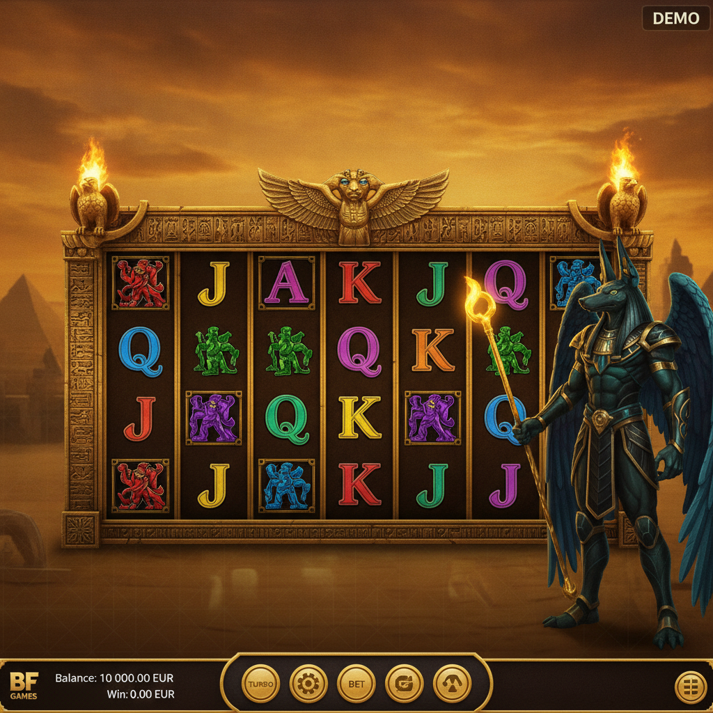 Book of Gates slot egiziana con Anubis, piramidi del deserto, cornice dorata dei rulli e simboli di divinità egizie