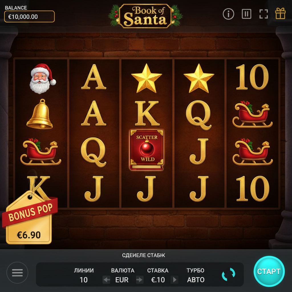 Book of Santa slot machine con Babbo Natale, libro dorato simbolo scatter e wild, campane natalizie e decorazioni festive su sfondo di mattoni rossi