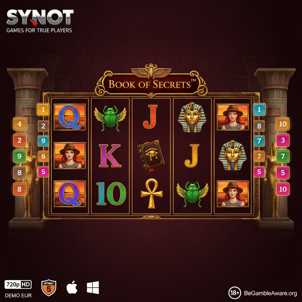 Book of Secrets slot machine con 5 rulli a tema Egitto Antico, simboli dorati tra cui il Libro sacro Wild, maschera di faraone, scarabeo alato e simboli di carte, ambientazione in tempio con colonne decorate da geroglifici