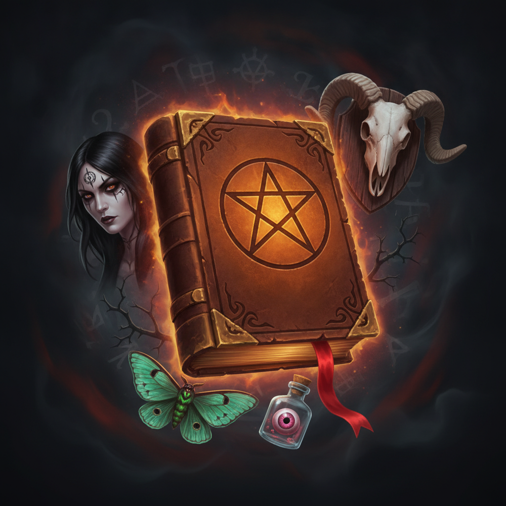 Book of Shadows slot con libro dorato pentacolo, simboli occulti gothic horror, donna con tatuaggi rituali e teschio di ariete