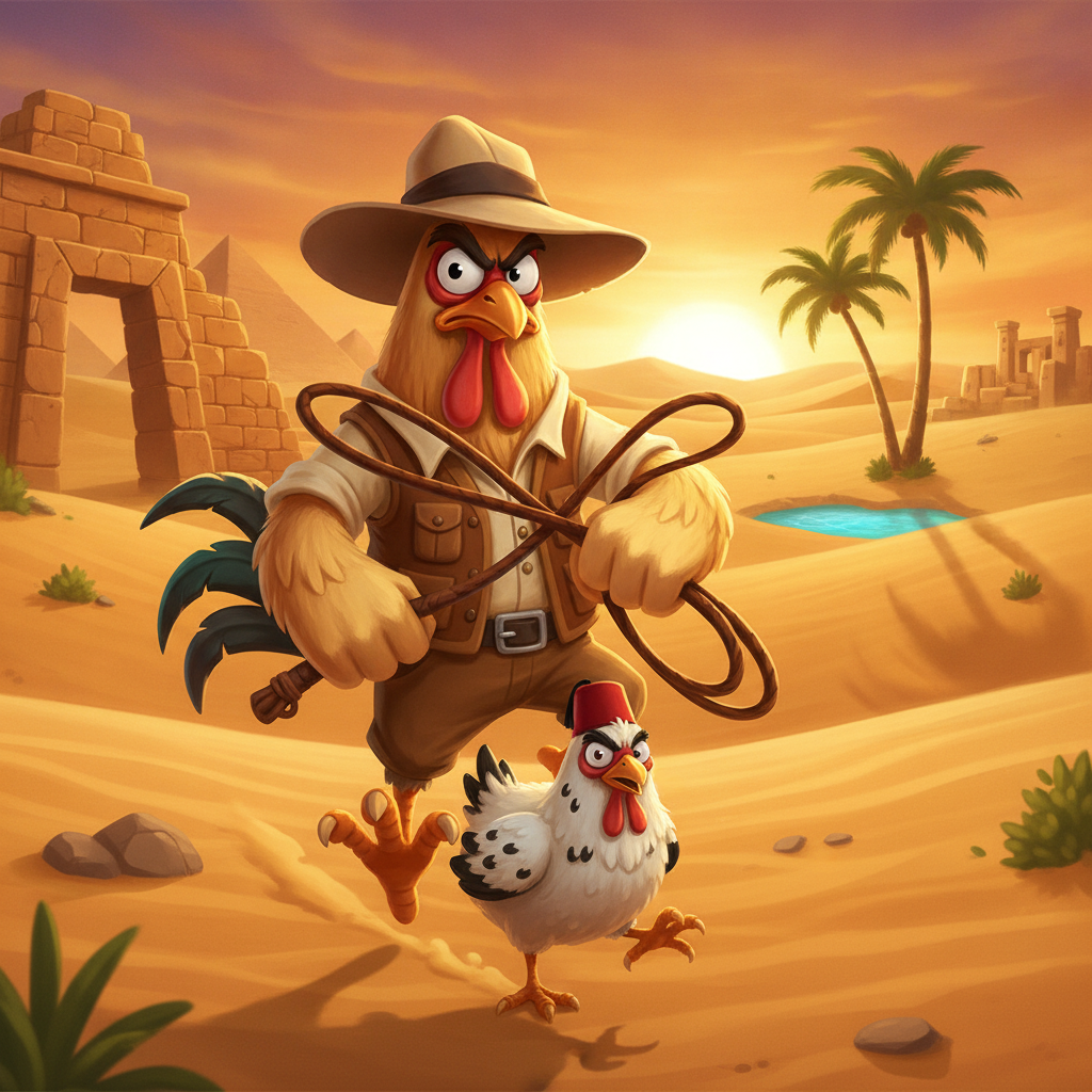 Book of Crazy Chicken: pollo esploratore con cappello fedora e frusta in deserto egizio con piramidi, simbolo del libro magico dorato e geroglifici